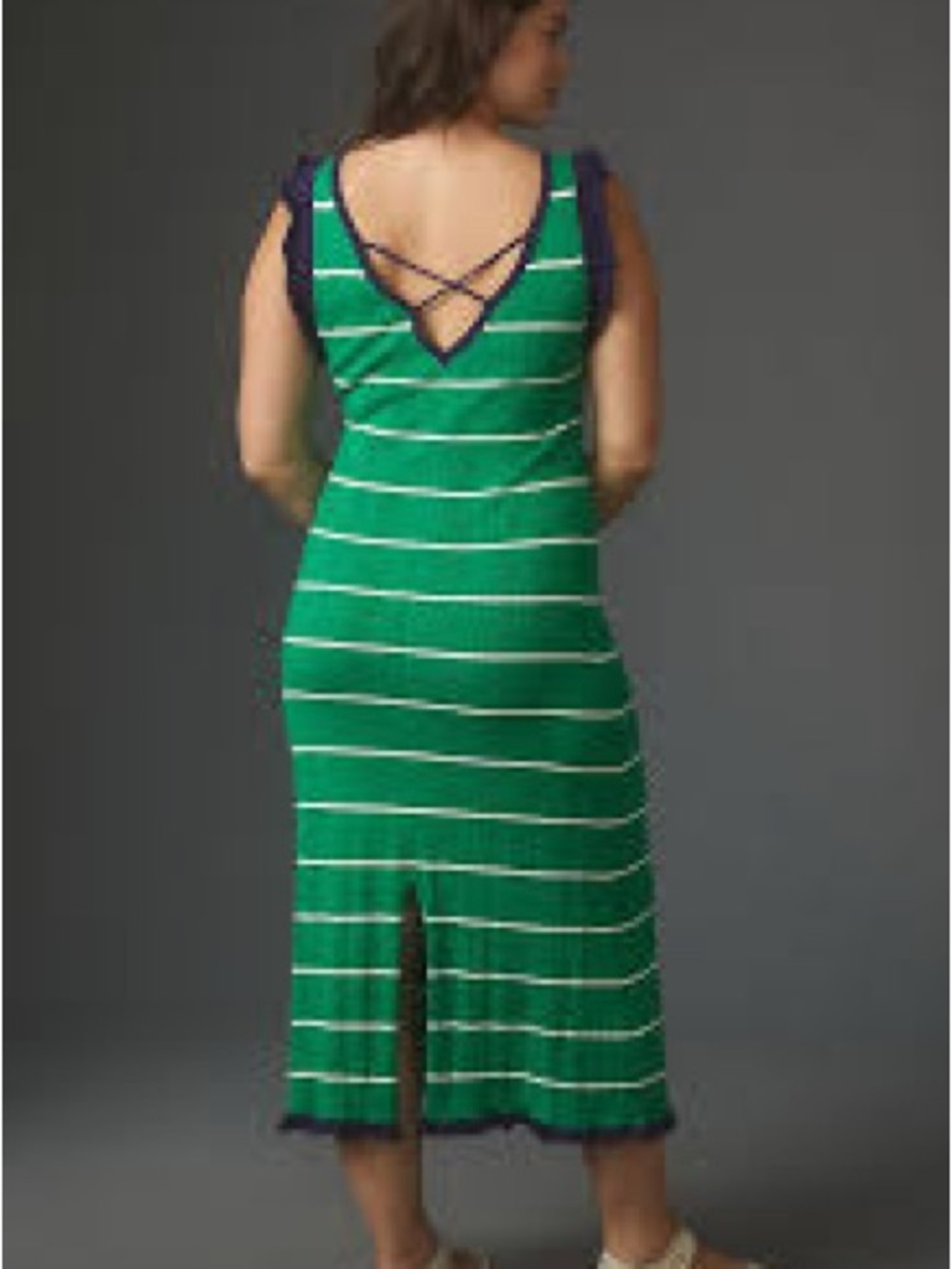 Daily Practice Anthropologie Striped Green V-Neck Maxi Dress with Navy Trim - Picture 3 of 6